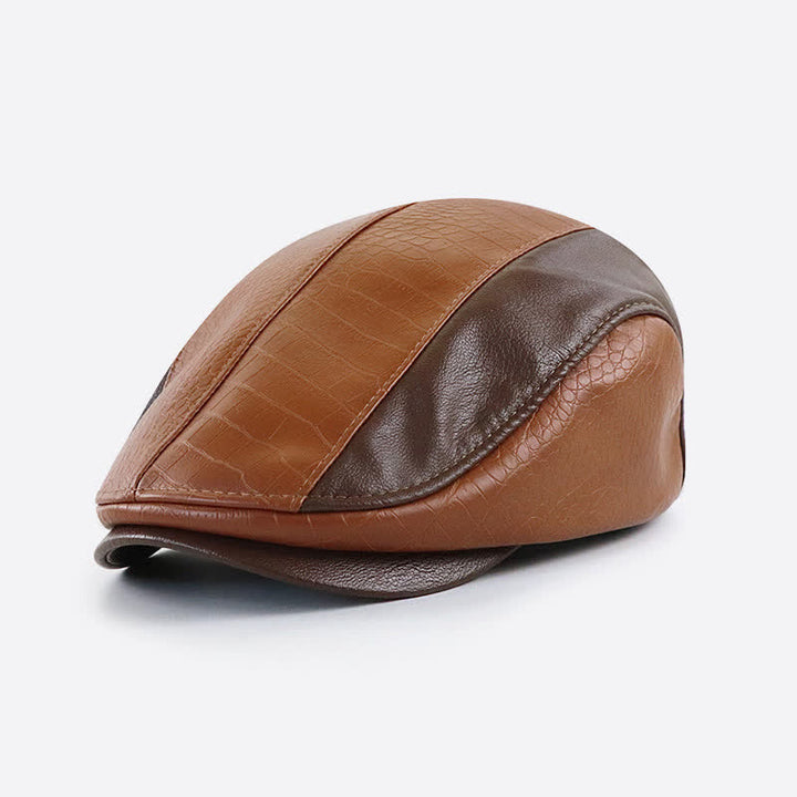 Alligator Print Vintage Stitching Leather Beret Hat - Light Coffee - M (22"-22 7/8") - image 3