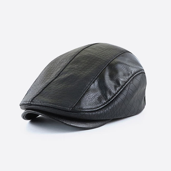 Alligator Print Vintage Stitching Leather Beret Hat - Black - M (22"-22 7/8") - image 7