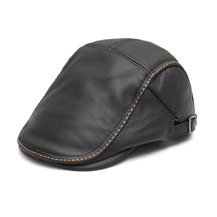 Peaked Cabbie Flat Cap Genuine Leather Beret Hat - Black - Adjustable (about 21 5/8"-23 5/8") - image 12