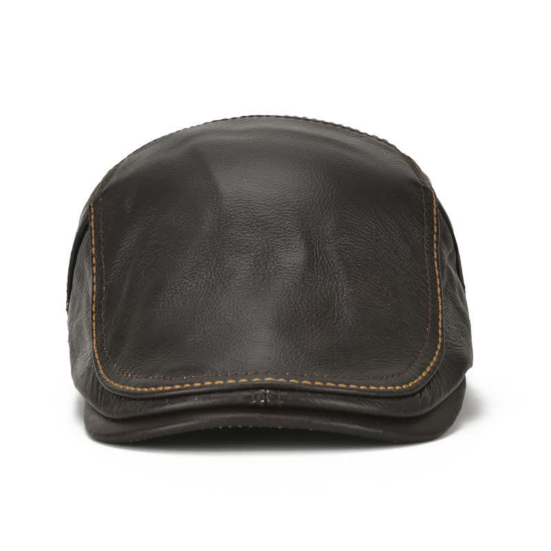 Peaked Cabbie Flat Cap Genuine Leather Beret Hat - image 1