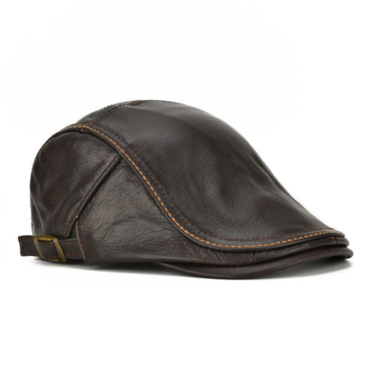 Peaked Cabbie Flat Cap Genuine Leather Beret Hat - image 2