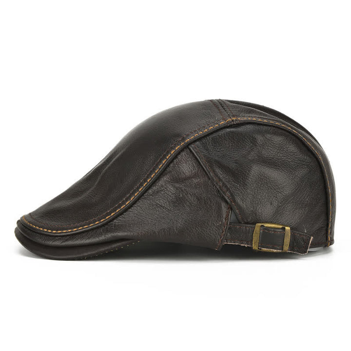 Peaked Cabbie Flat Cap Genuine Leather Beret Hat - image 3