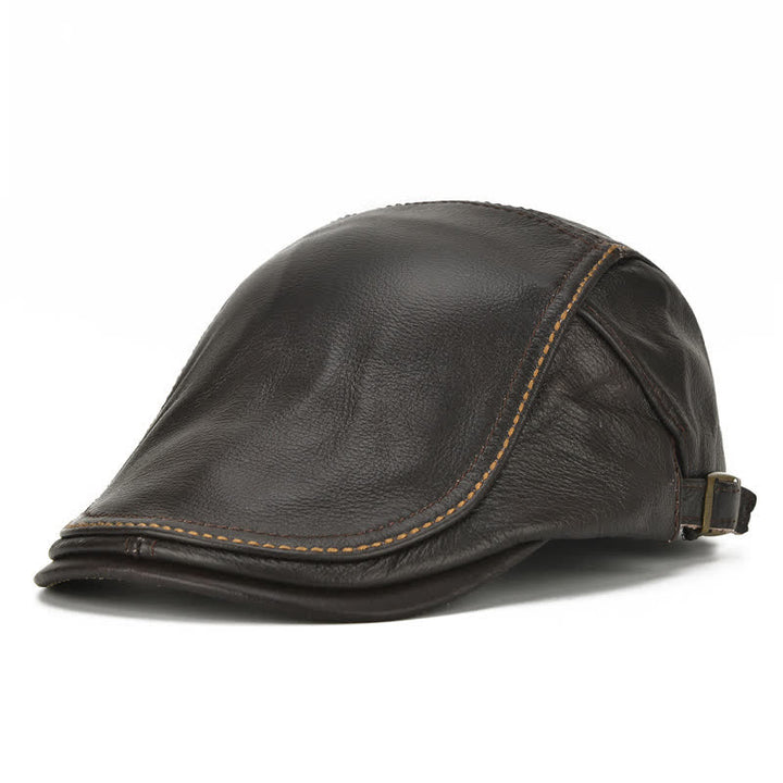 Peaked Cabbie Flat Cap Genuine Leather Beret Hat - Dark Coffee - Adjustable (about 21 5/8"-23 5/8") - image 0