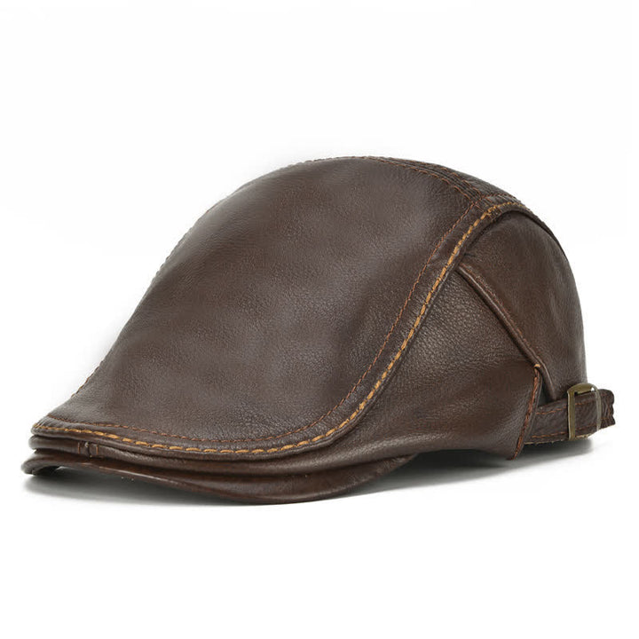 Peaked Cabbie Flat Cap Genuine Leather Beret Hat - Brown - Adjustable (about 21 5/8"-23 5/8") - image 11