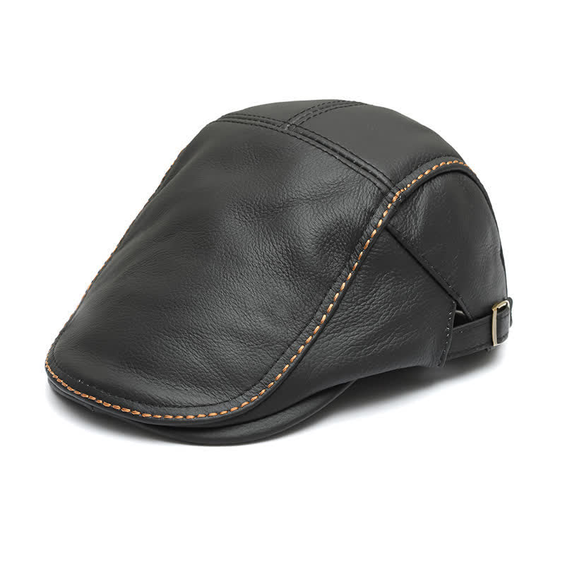 Peaked Cabbie Flat Cap Genuine Leather Beret Hat - Black - Adjustable (about 21 5/8"-23 5/8") - image 12