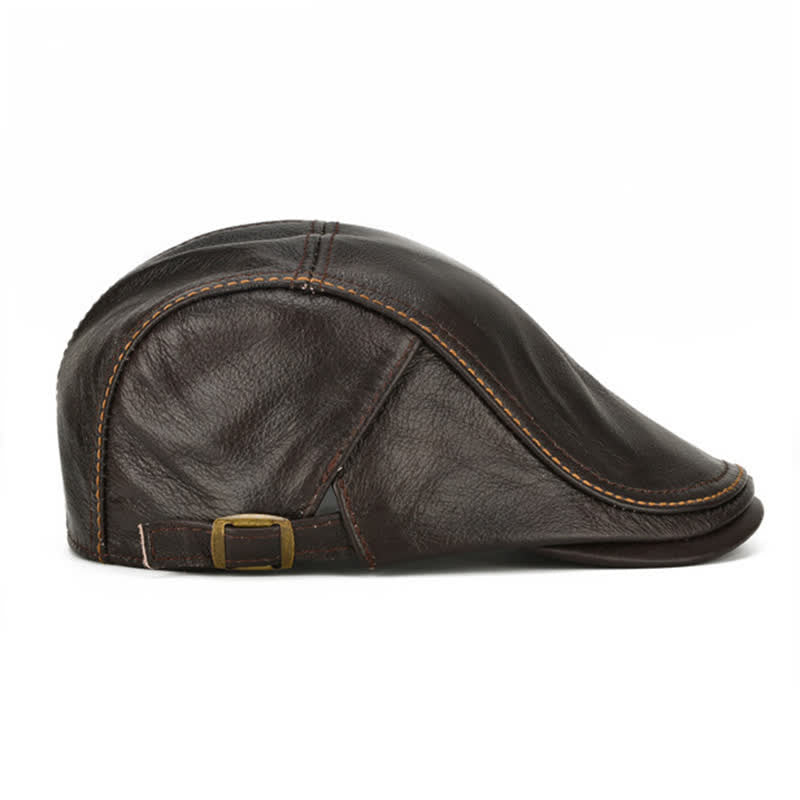 Peaked Cabbie Flat Cap Genuine Leather Beret Hat - image 4