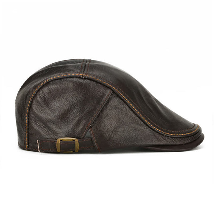 Peaked Cabbie Flat Cap Genuine Leather Beret Hat - image 4