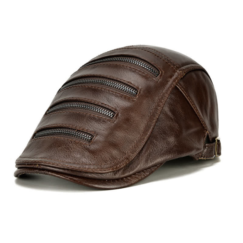 Horizontal Zipper Decoration Leather Beret Hat - Dark Brown - Adjustable (21 5/8"-23 5/8") - image 0