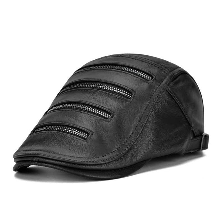 Horizontal Zipper Decoration Leather Beret Hat - Black - Adjustable (21 5/8"-23 5/8") - image 12