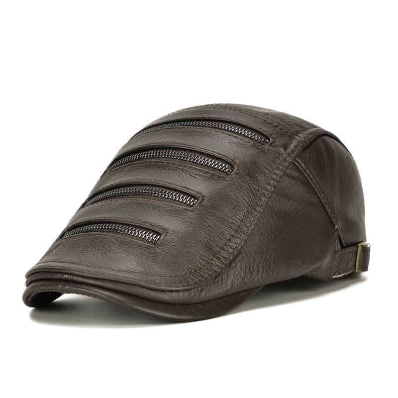 Horizontal Zipper Decoration Leather Beret Hat - Dark Coffee - Adjustable (21 5/8"-23 5/8") - image 11
