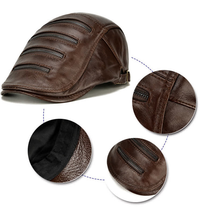Horizontal Zipper Decoration Leather Beret Hat - image 7