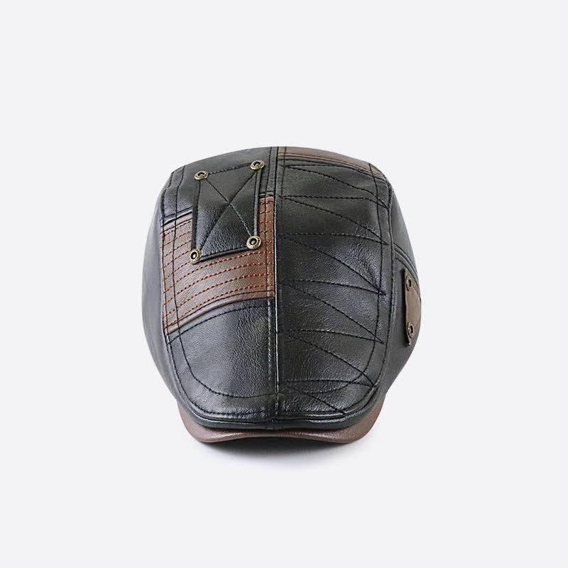 Fashion Stitching Color Contrast Leather Beret Hat - image 2