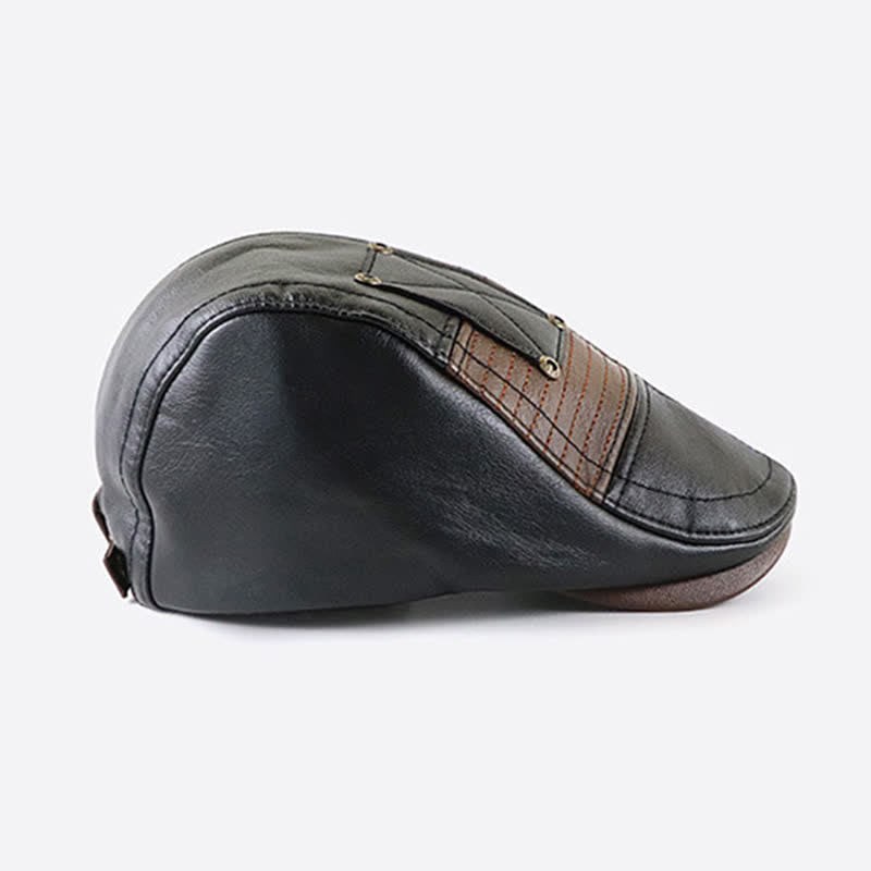 Fashion Stitching Color Contrast Leather Beret Hat - image 3