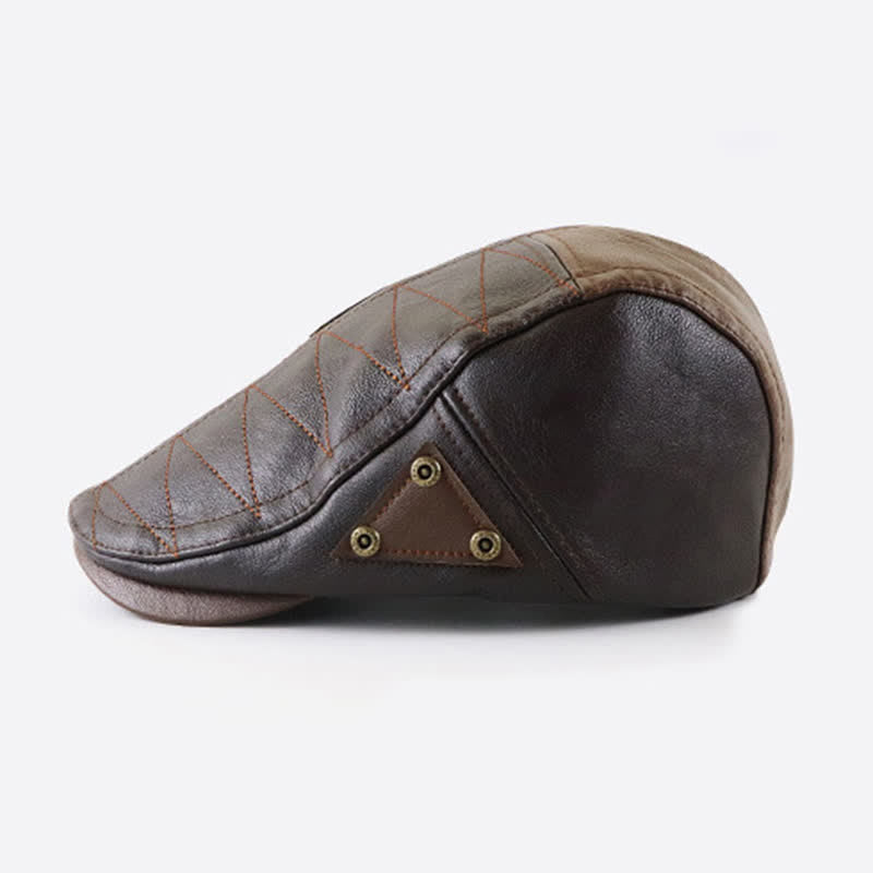 Fashion Stitching Color Contrast Leather Beret Hat - image 9
