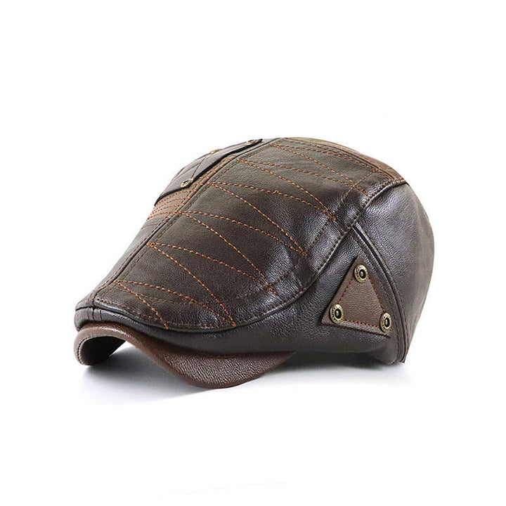 Fashion Stitching Color Contrast Leather Beret Hat - Dark Coffee - Adjustable (22"-23 5/8") - image 7