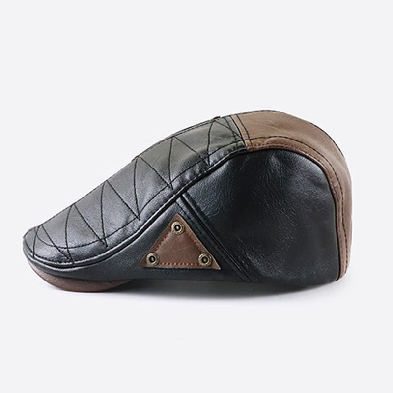 Fashion Stitching Color Contrast Leather Beret Hat - image 4