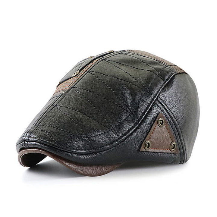 Fashion Stitching Color Contrast Leather Beret Hat - Black - Adjustable (22"-23 5/8") - image 0