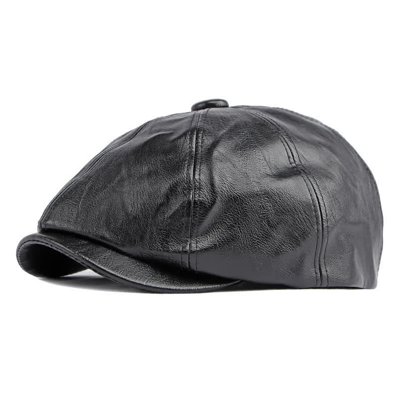 Solid Color Octagonal Leather Beret Hat - Black - Adjustable (21 5/8"-23 5/8") - image 0