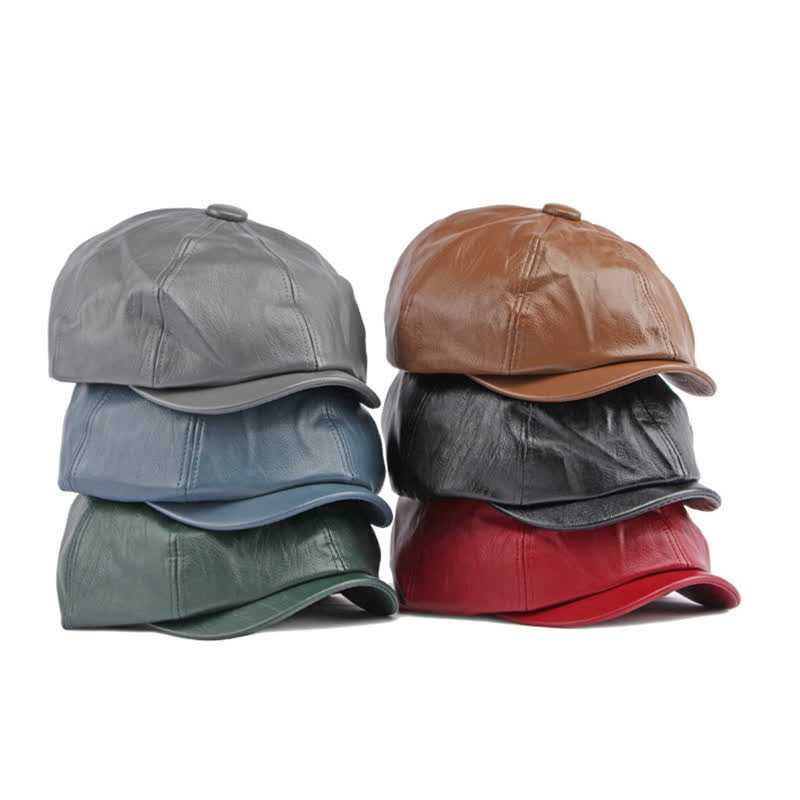Solid Color Octagonal Leather Beret Hat - image 1