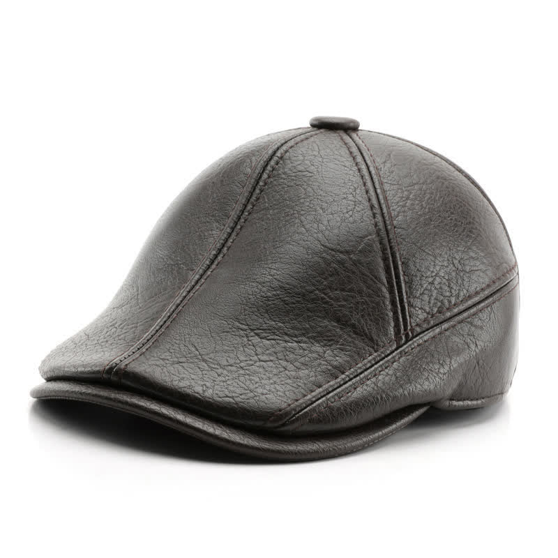 Leisure Style Winter Earmuffs Leather Beret Hat - Dark Coffee - Adjustable (22"-23 5/8") - image 7