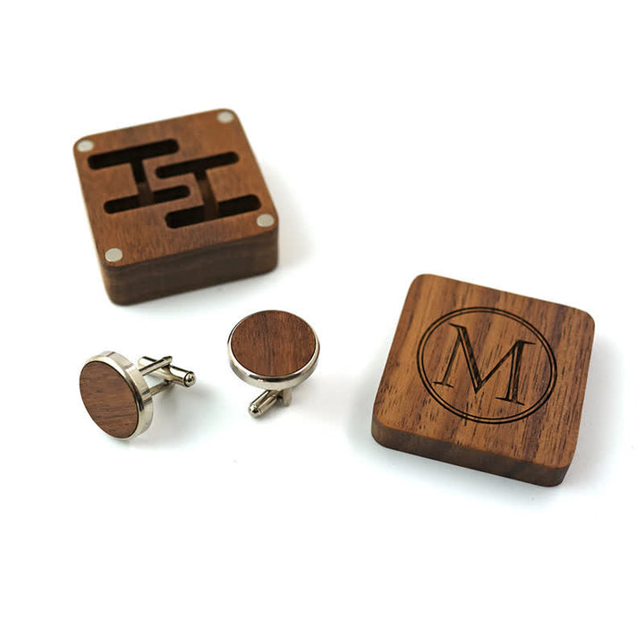 Men's Custom Letter Engrave Box Wooden Cufflinks - image 0