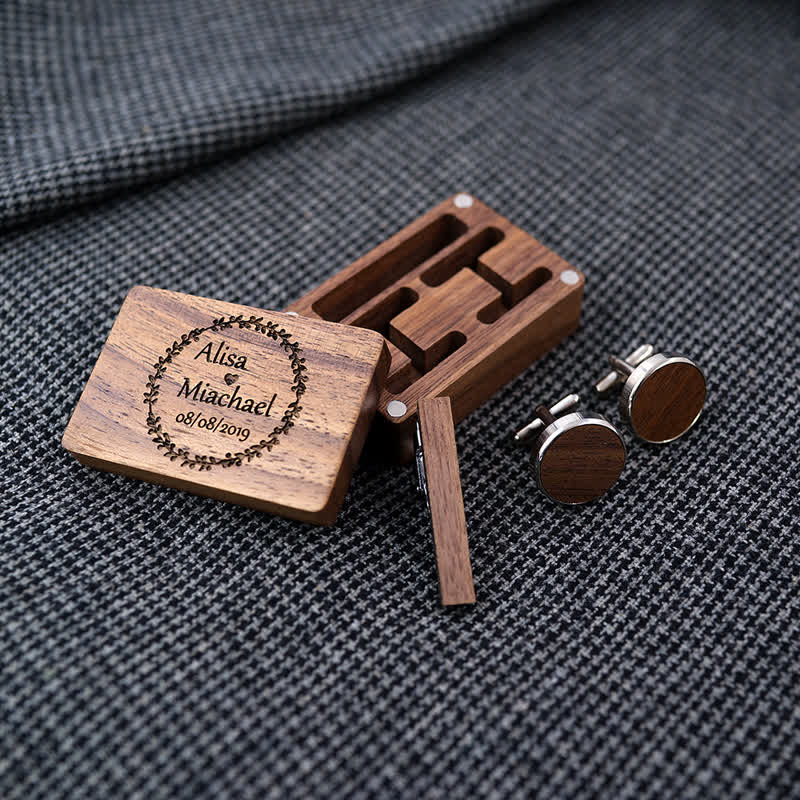Men's Custom Engraving Box Surface Wedding Day Wooden Cufflinks Set - image 3