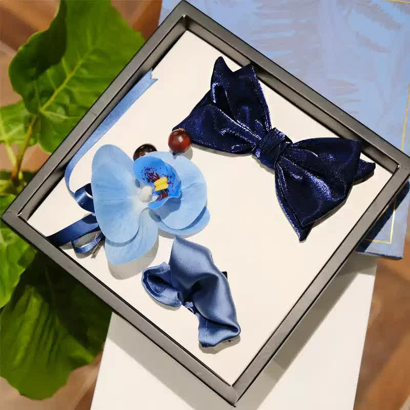 3Pcs Men's Blue Phalaenopsis Brooch Handkerchief Fishtail Bow Tie Set - Navy Blue - image 0