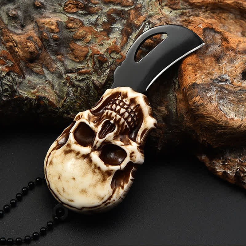 Creative Skull Mini Folding Knife Necklace Keychain With Chain - Black - image 0