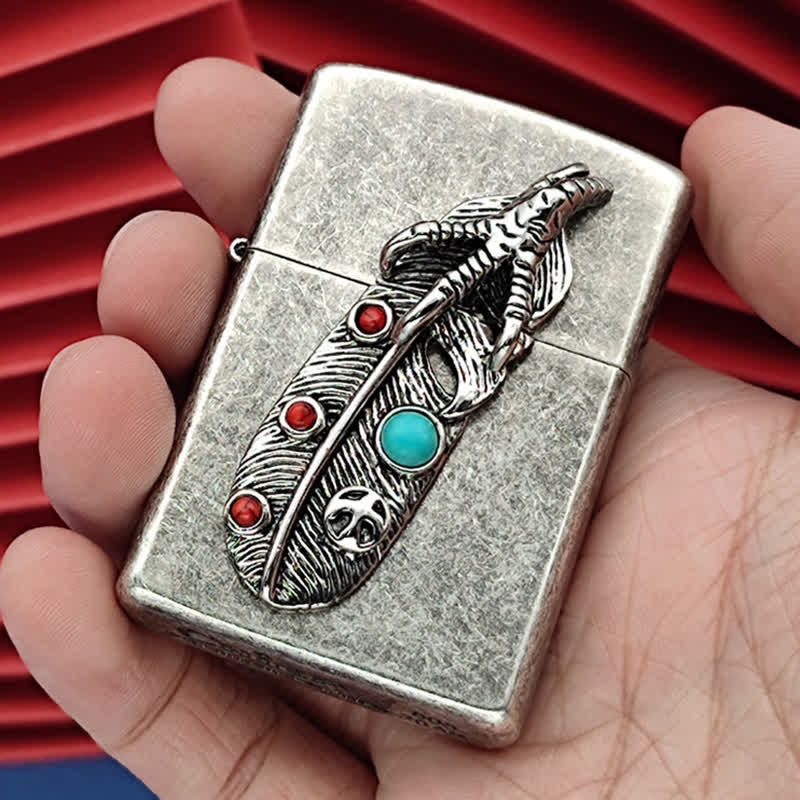 Eagle Claw Feather Faux Turquoise Refillable Kerosene Lighter - Antique Silver - image 0