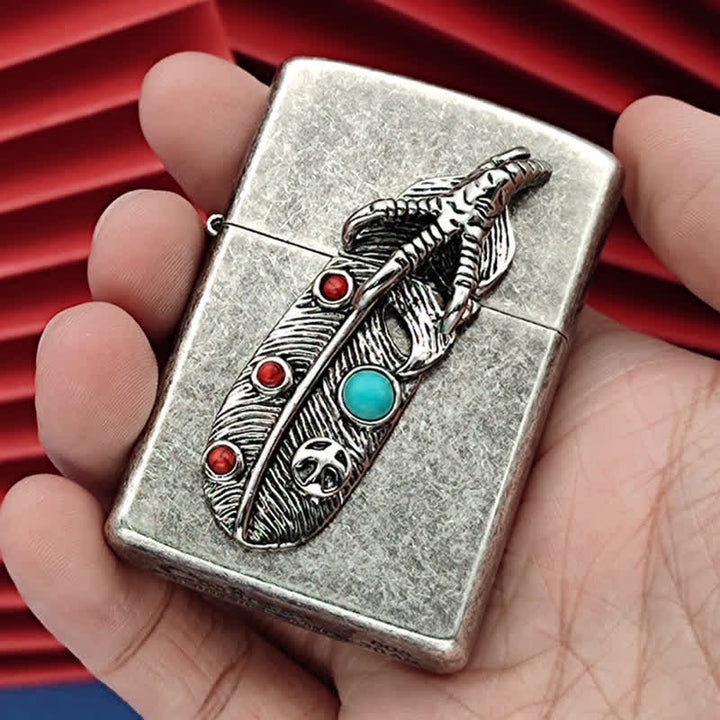 Eagle Claw Feather Faux Turquoise Refillable Kerosene Lighter - Antique Silver - image 0