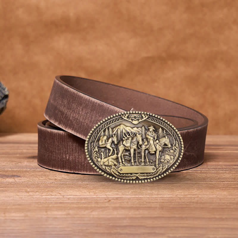 Men's DIY Antique Bronze Knight Leading Horse Buckle Leather Belt - Bronze - Brown Distressed Belt - 42 - image 4