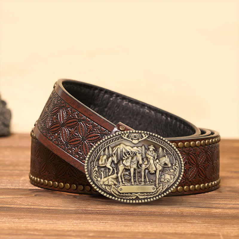 Men's DIY Antique Bronze Knight Leading Horse Buckle Leather Belt - Bronze - Brown Rivet Belt - 42 - image 3