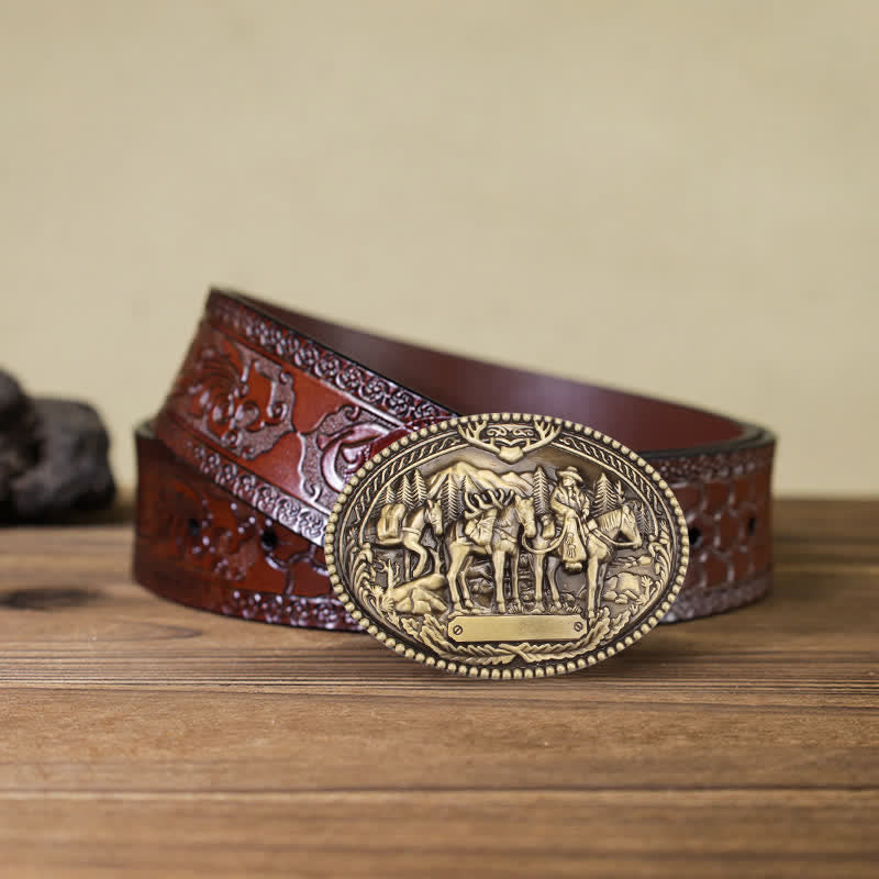 Men's DIY Antique Bronze Knight Leading Horse Buckle Leather Belt - Bronze - Brown Carved Belt - 42 - image 5