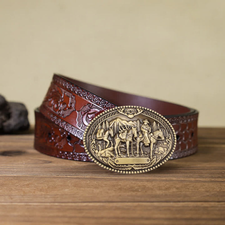 Men's DIY Antique Bronze Knight Leading Horse Buckle Leather Belt - Bronze - Brown Carved Belt - 42 - image 5