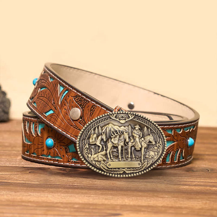 Men's DIY Antique Bronze Knight Leading Horse Buckle Leather Belt - Bronze - Turquoise Carved Belt - 42 - image 2