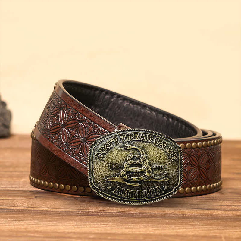 Men's DIY Antique Bronze Attitude Snake Buckle Leather Belt - Bronze - Brown Rivet Belt - 42 - image 3