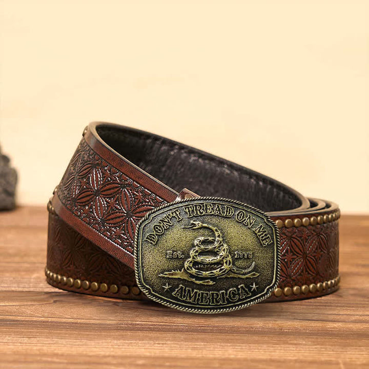 Men's DIY Antique Bronze Attitude Snake Buckle Leather Belt - Bronze - Brown Rivet Belt - 42 - image 3