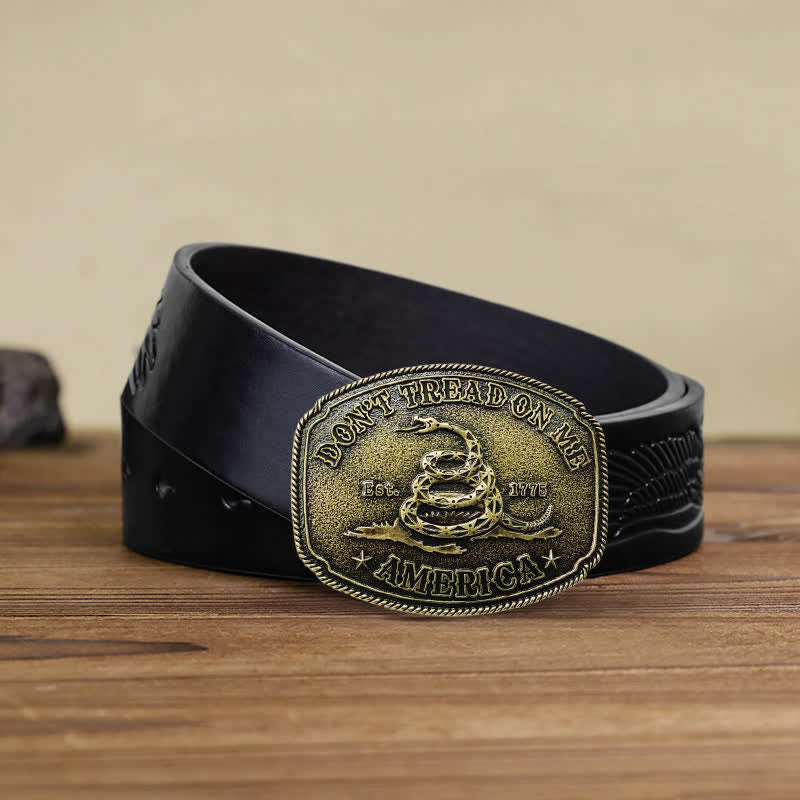 Men's DIY Antique Bronze Attitude Snake Buckle Leather Belt - Bronze - Black Embossed Eagle Belt - 42 - image 1