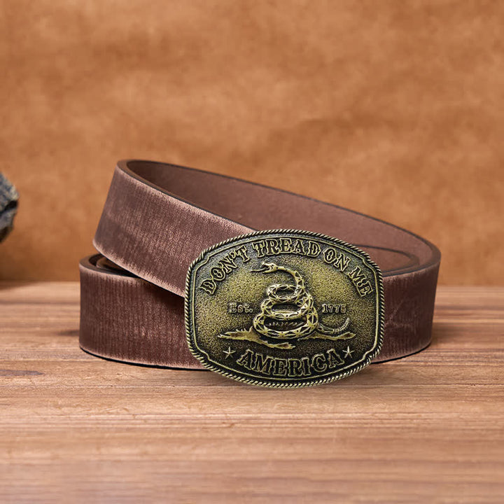 Men's DIY Antique Bronze Attitude Snake Buckle Leather Belt - Bronze - Brown Distressed Belt - 42 - image 4