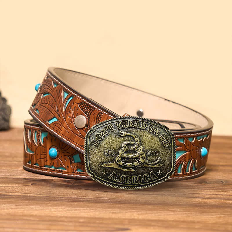 Men's DIY Antique Bronze Attitude Snake Buckle Leather Belt - Bronze - Turquoise Carved Belt - 42 - image 2