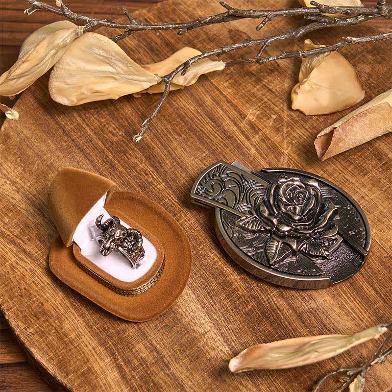 Rose DIY Hidden Knife Belt Buckle Longhorn Pendant Goat Ring Bundle Set