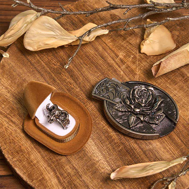 Rose DIY Hidden Knife Belt Buckle Longhorn Pendant Goat Ring Bundle Set