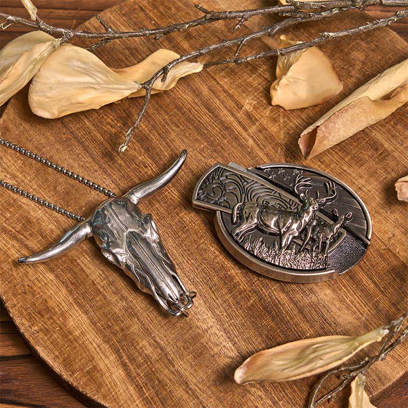 Deer DIY Hidden Knife Belt Buckle Longhorn Pendant Bull Ring Bundle Set  - image 1
