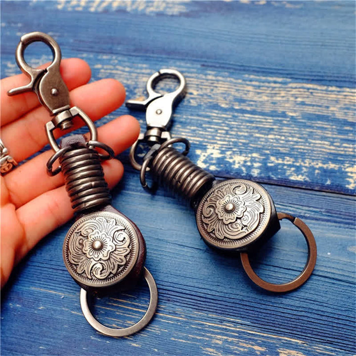 Punk Style Carved Flower Leather Keychain - image 1
