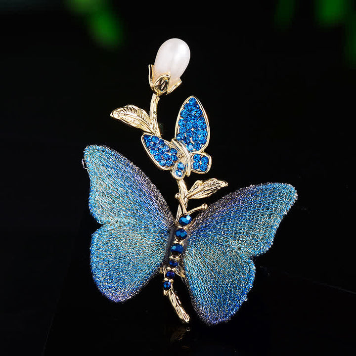 Women's Embroidered Art Butterfly Fresh Water Pearl Brooch - Blue - image 0