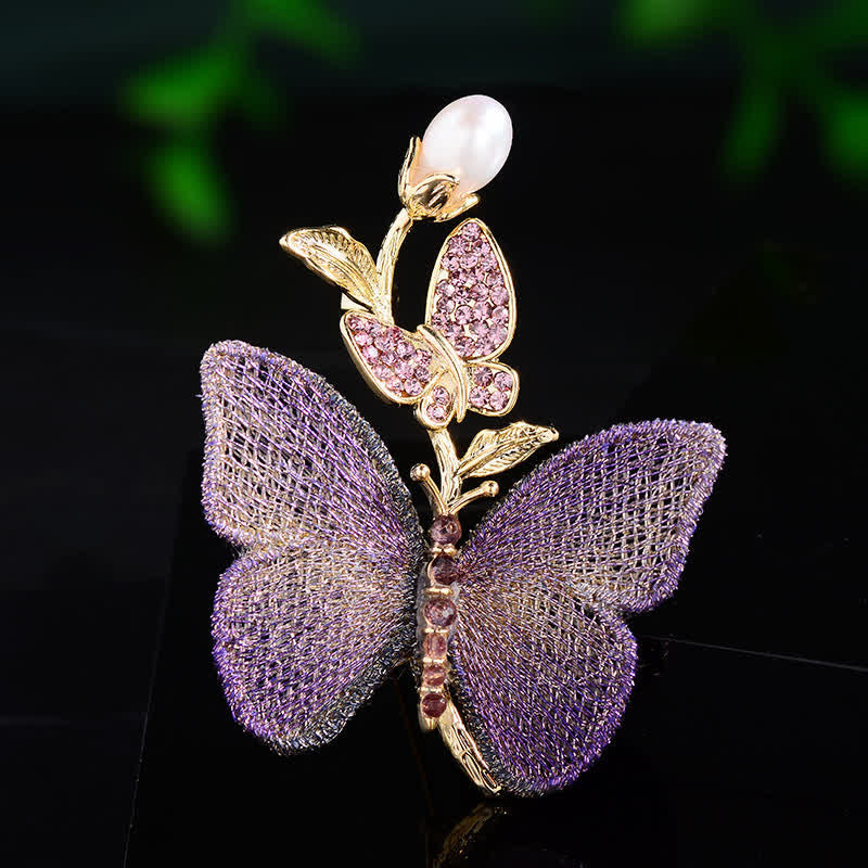 Women's Embroidered Art Butterfly Fresh Water Pearl Brooch - Purple - image 6