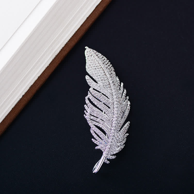 Women's Minimalist Silver Zircon Feather Brooch - image 1