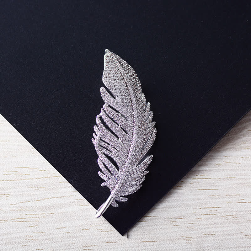 Women's Minimalist Silver Zircon Feather Brooch - image 2