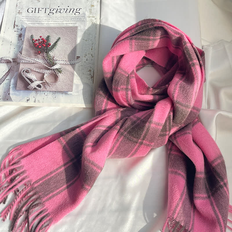 Unisex Vintage Matching Color Plaid Cashmere Scarf - Hot Pink - image 1