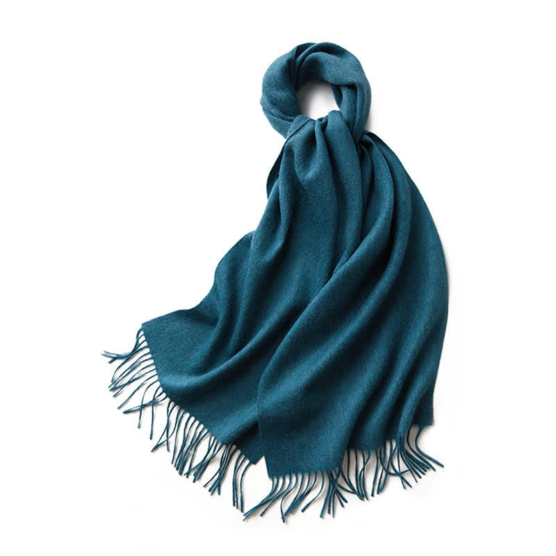 Unisex Simple Solid Color Pure Wool Fringed Scarf - Teal - image 15